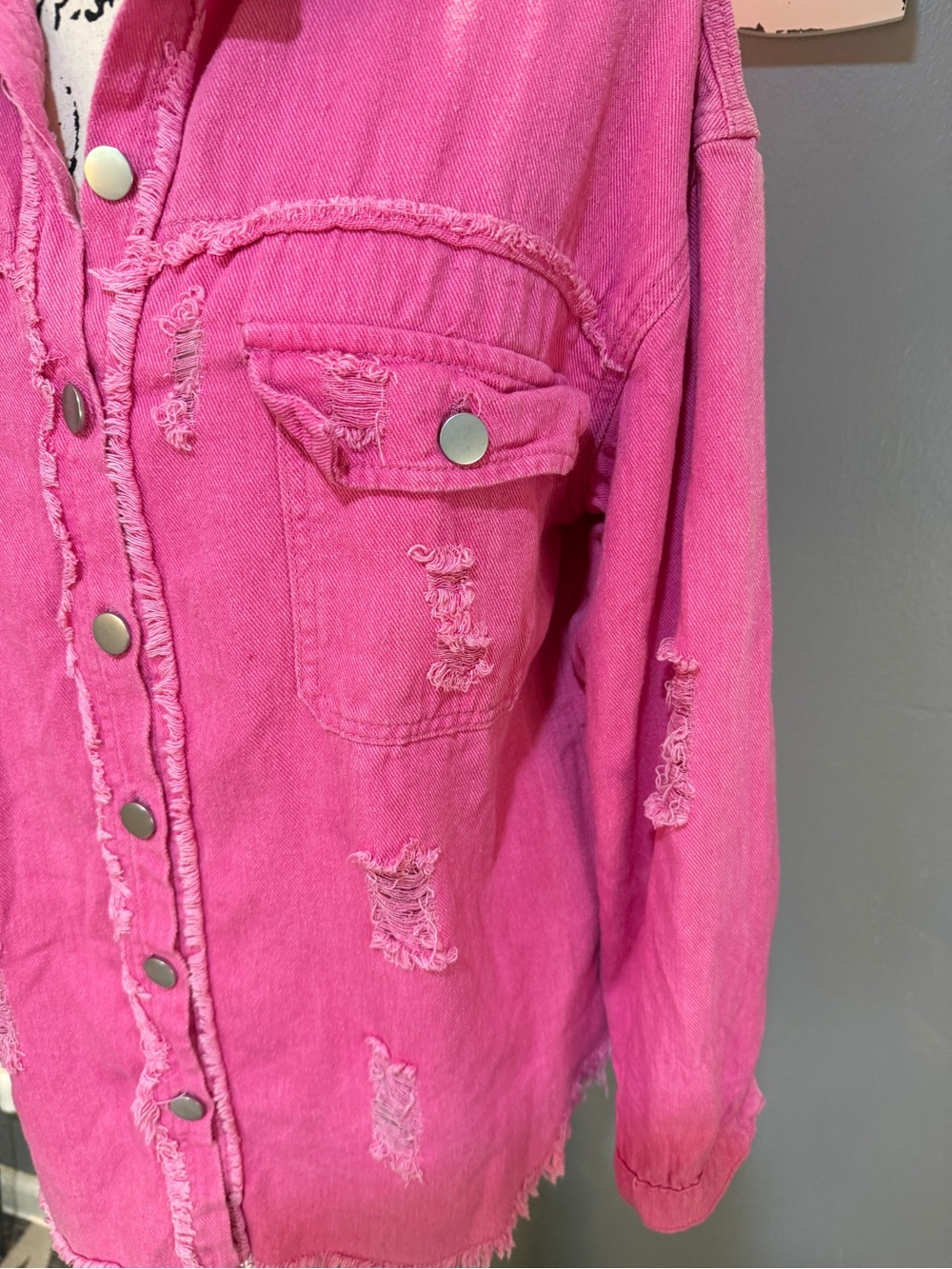 Pink Distressed Button-Front Jean Jacket - Picture 2 of 7